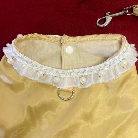 Ruffle Gold Dog Dress Matching Leash Formal Pearl Studded Bow Accent Pet Wedding - Picture 5 of 13